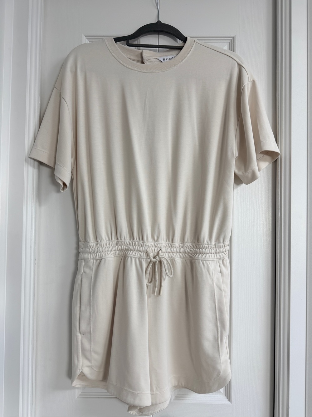 Athleta Cream Short-Sleeve One-Piece Romper with Drawstring